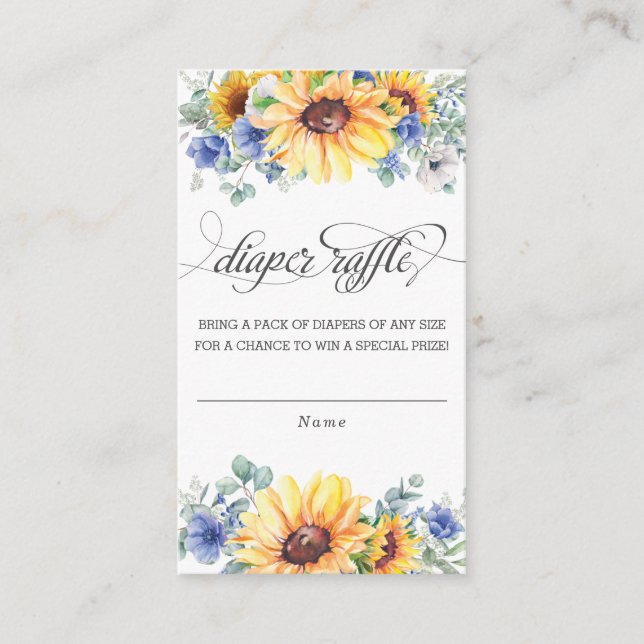 Sunflower Blue Floral Baby Shower Diaper Raffle  Enclosure Card (Front)