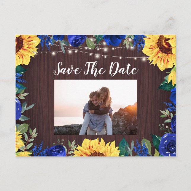 Sunflower Blue Floral Border Photo Save The Date Announcement Postcard (Front)