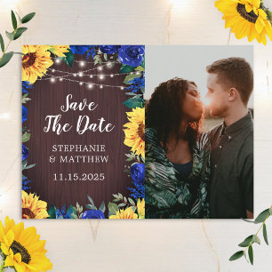 Sunflower Blue Floral Border Photo Save The Date Announcement Postcard