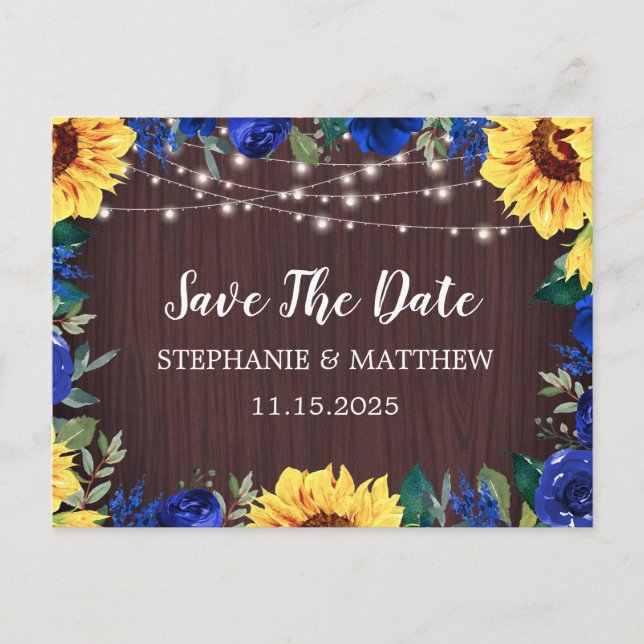 Sunflower Blue Floral Border Wood Save The Date Announcement Postcard (Front)
