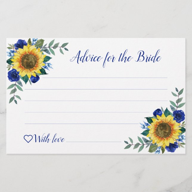 Sunflower Blue Floral Bridal Shower Advice Cards (Front)