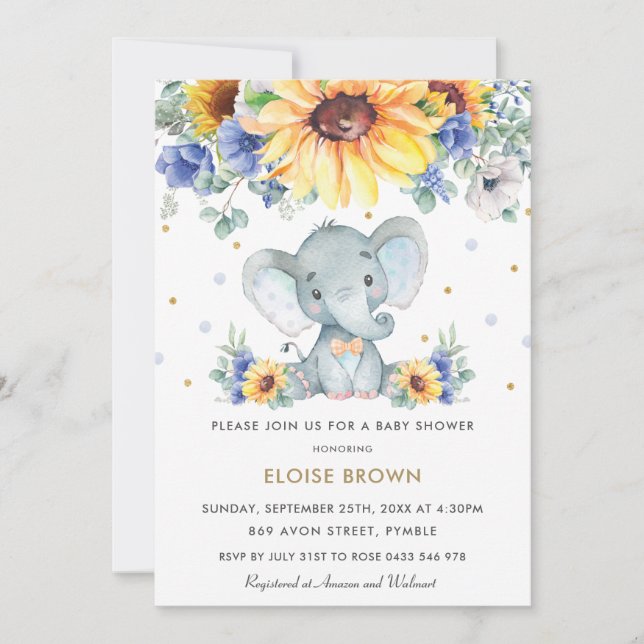 Sunflower Blue Floral Elephant Boy Baby Shower   Invitation (Front)