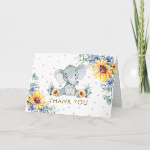 Sunflower Blue Floral Elephant Boy Baby Shower   Thank You Card