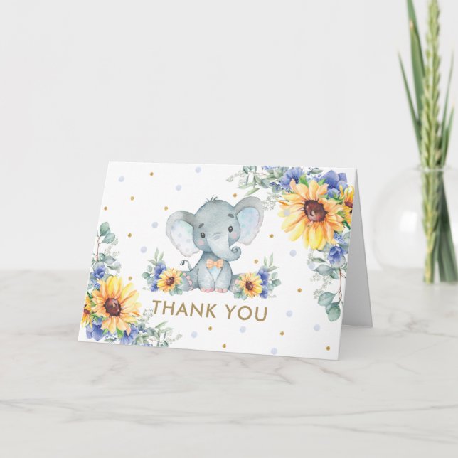 Sunflower Blue Floral Elephant Boy Baby Shower   Thank You Card (Front)