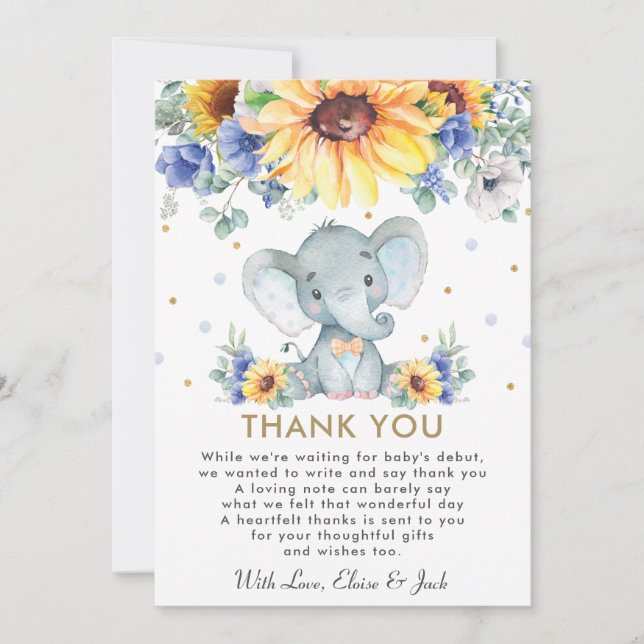 Sunflower Blue Floral Elephant Boy Baby Shower   Thank You Card (Front)