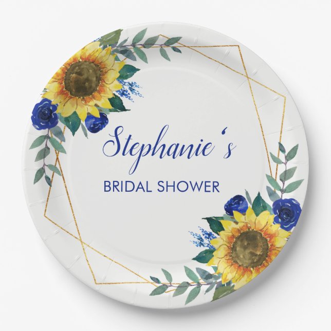 Sunflower Blue Floral Geometric Bridal Shower Paper Plate (Front)