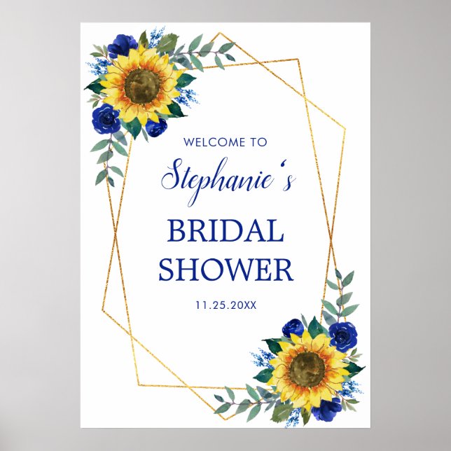 Sunflower Blue Floral Geometric Bridal Shower Poster (Front)
