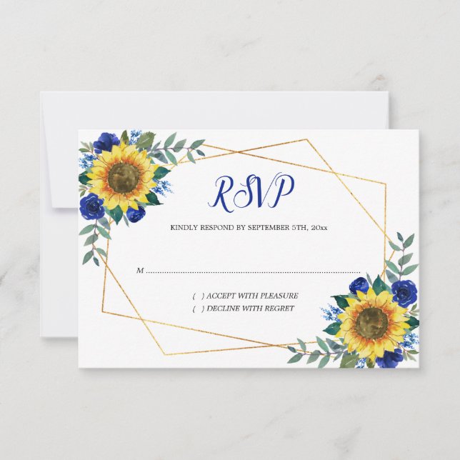 Sunflower Blue Floral Geometric Wedding RSVP Card (Front)