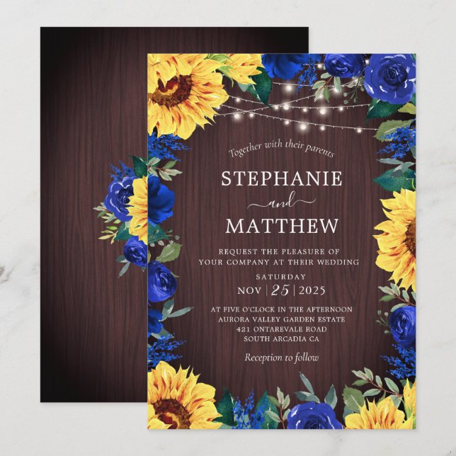 Sunflower Blue Floral Lights Wood Wedding Invitation (Front/Back)
