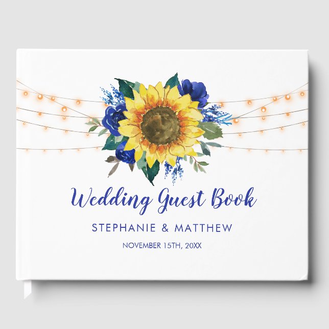 Sunflower Blue Floral String Lights Wedding Guest Book (Front)