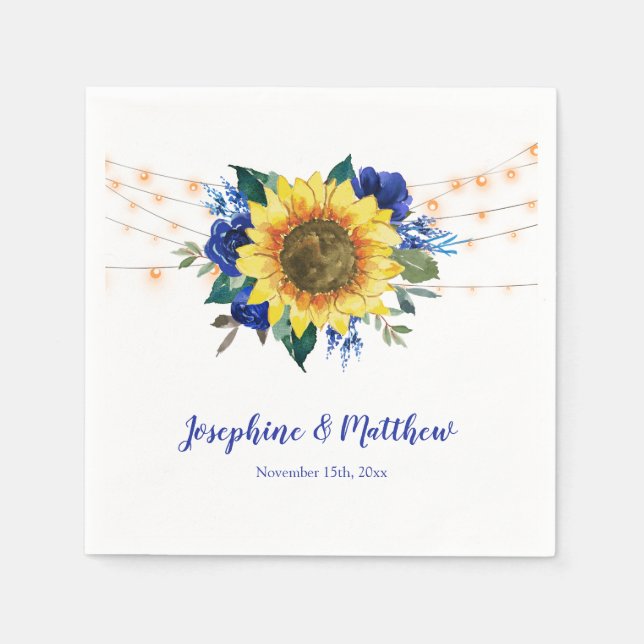 Sunflower Blue Floral String Lights Wedding Napkin (Front)