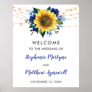 Sunflower Blue Floral String Lights Wedding Poster