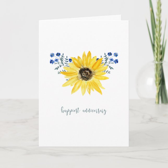 Sunflower & Blue Flowers Anniversary Card (Front)