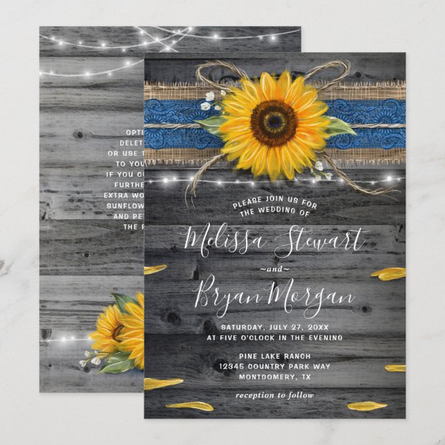 Sunflower Blue Lace Rustic Wood Wedding Invitation (Front/Back)