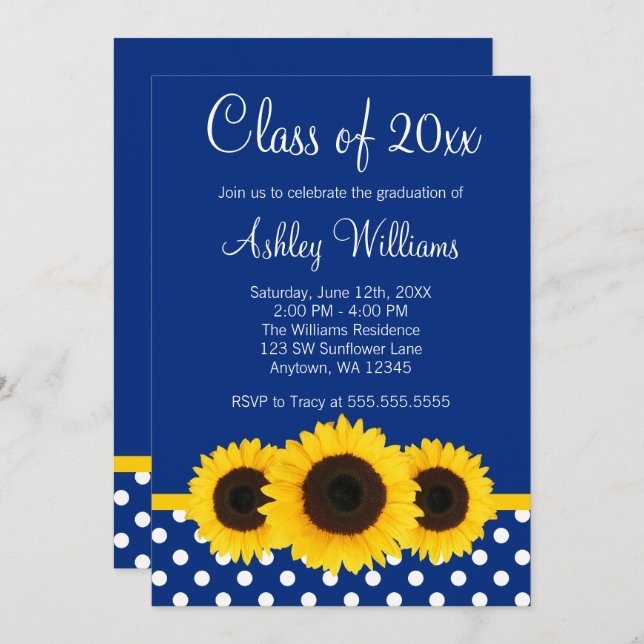 Sunflower Blue Polka Dots Graduation Announcement (Front/Back)