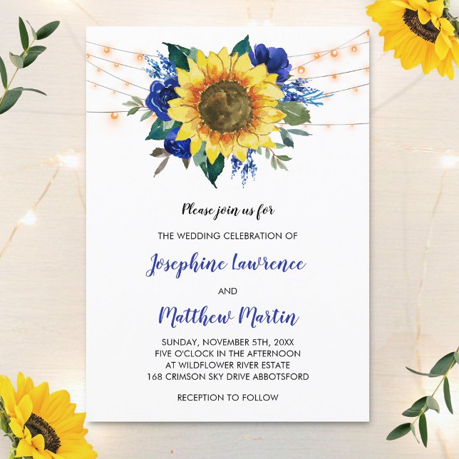 Sunflower Blue Rose Floral Lights Wedding Invitation (Creator Uploaded)