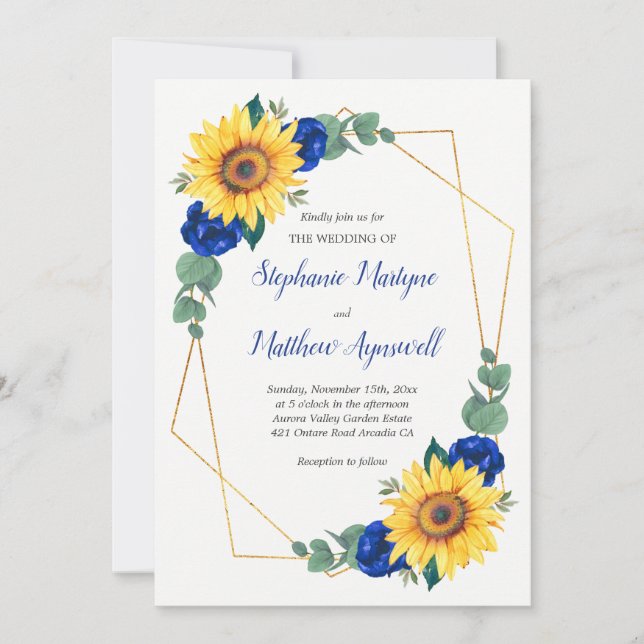 Sunflower Blue Rose Geometric Floral Wedding Invitation (Front)