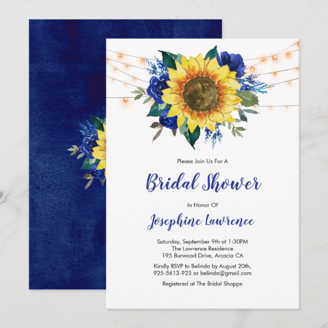 Sunflower Blue Rose Lights Bridal Shower Invitation (Front/Back)