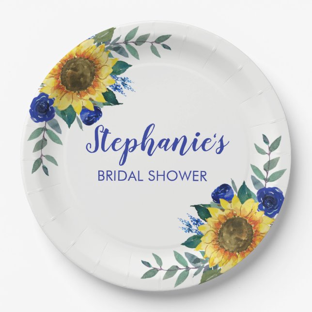 Sunflower Blue Roses Floral Bridal Shower Paper Plate (Front)