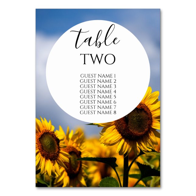 Sunflower Blue Sky Rustic Wedding Guest Names Table Number (Front)