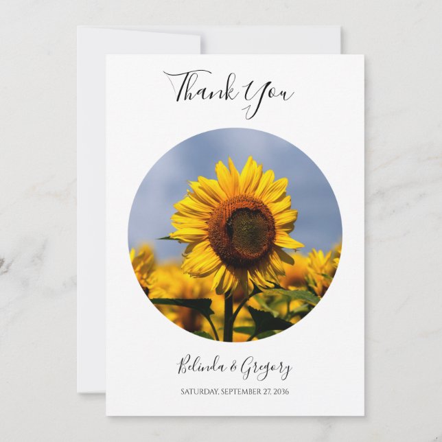 Sunflower Blue Sky Rustic Wedding Thank You Card (Back)