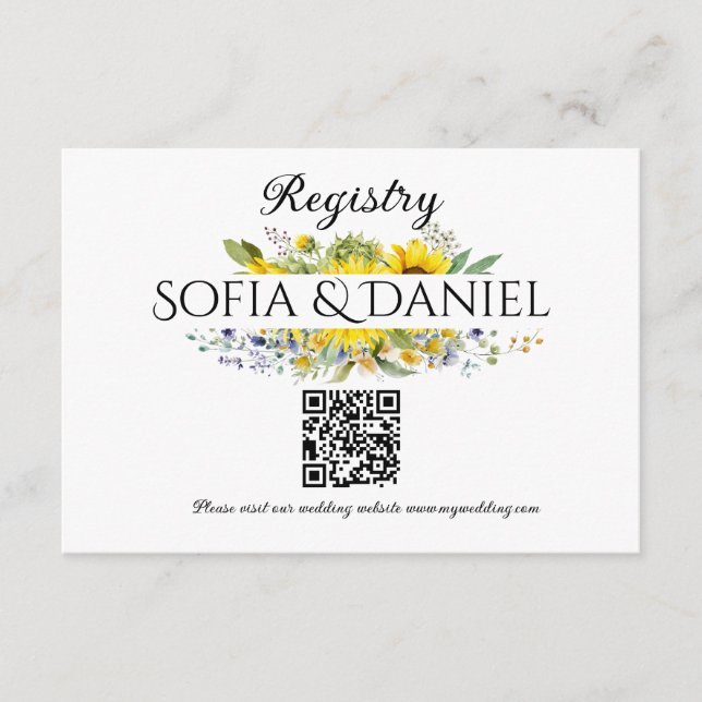 Sunflower blue wildflower wedding QR Enclosure Card (Front)