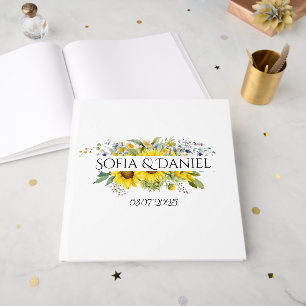Sunflower blue wildflower wedding white guest book