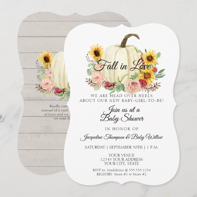 Sunflower Blush Pink Floral Pumpkin Baby Girl Invitation (Front/Back)