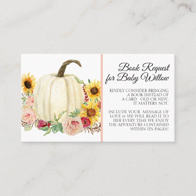 Sunflower Blush Pink Floral Pumpkin Book Request Business Card (Front)