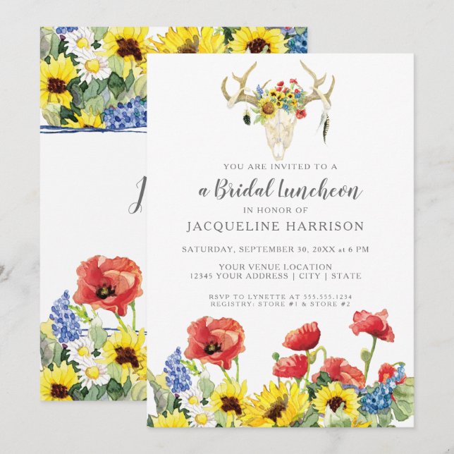 Sunflower BOHO Deer Skull Antlers Bridal Luncheon Invitation (Front/Back)