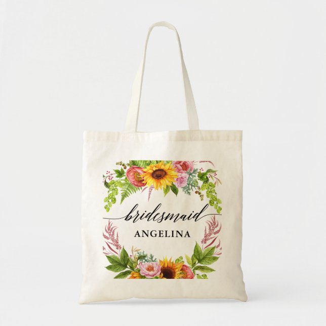 Sunflower Boho Floral Calligraphy Bridesmaid Tote Bag (Front)