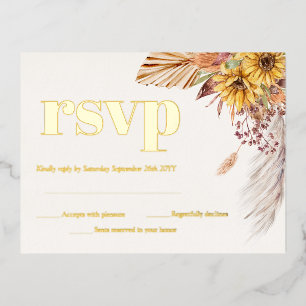 Sunflower Boho Pampas Dried Flowers RSVP Gold Foil Invitation Postcard