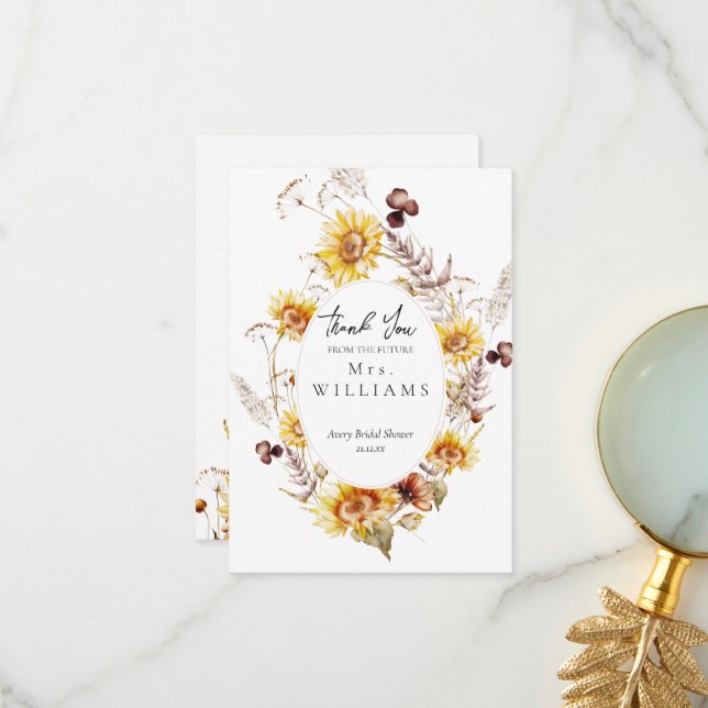 Sunflower Boho Wildflower Modern Bridal Shower Thank You Card (Front/Back In Situ)