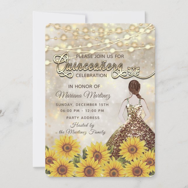 Sunflower bokeh String lights glitter dress Invitation (Front)