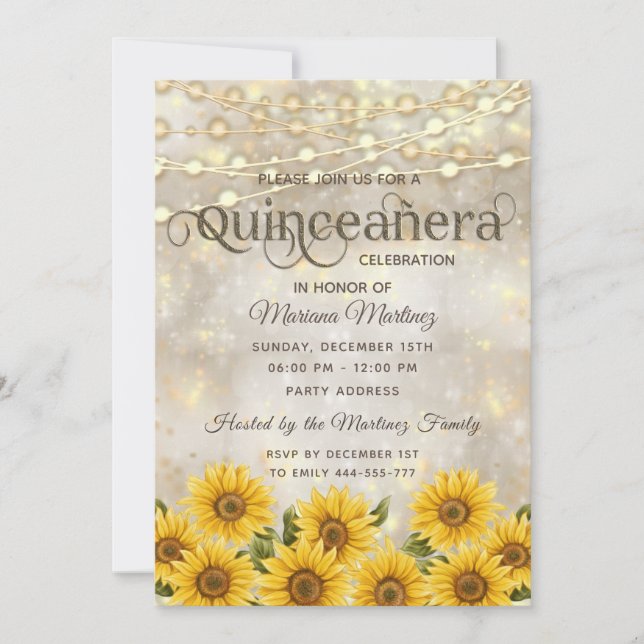 Sunflower bokeh String lights gold sparkle  Invitation (Front)