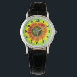 Sunflower Bold Floral Yellow and Green Flower Watch<br><div class="desc">This cute summer floral design has a bold sunflower blossom in full bloom. It's made in shades of bright yellow, vivid orange and brown and green on a slightly distressed / grunge summery green background. The big flower has a painted look. If you love gardens and flowery motifs, you'll love...</div>