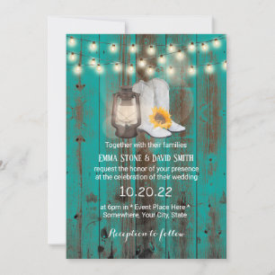 Sunflower Boots & Lantern Teal Western Wedding Invitation