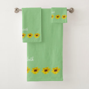 Sunflower Border on Green with Name Bath Towel Set