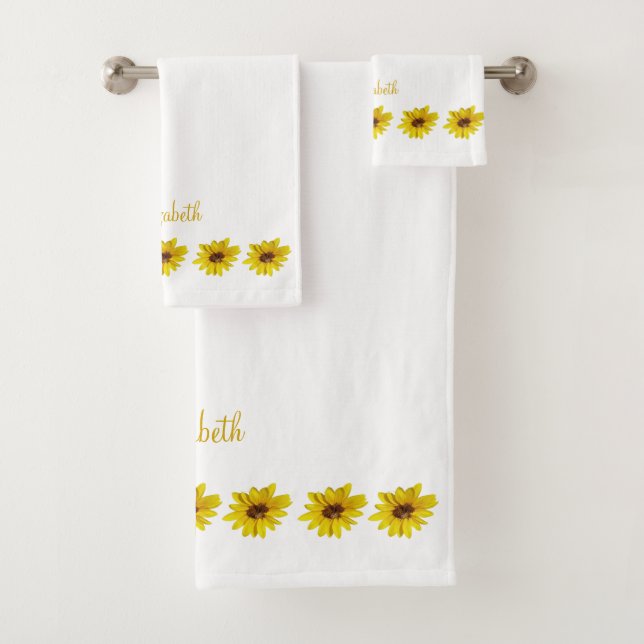 Sunflower Border on White with Name Bath Towel Set (Insitu)