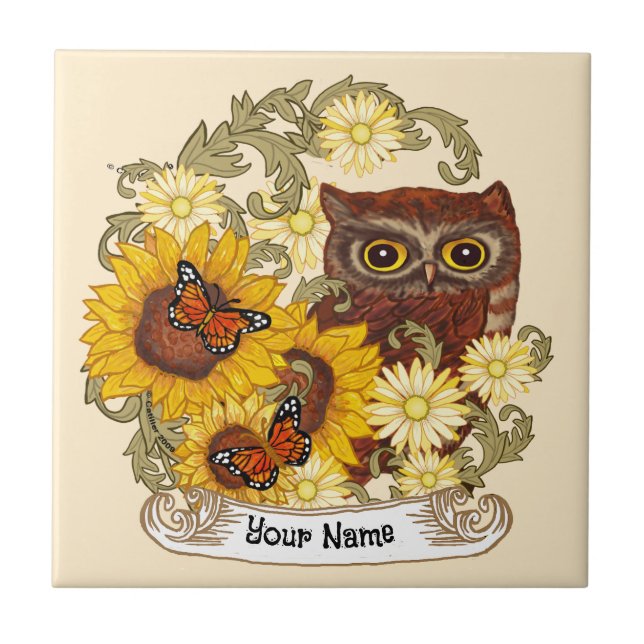 Sunflower Border Owl  Tile (Front)