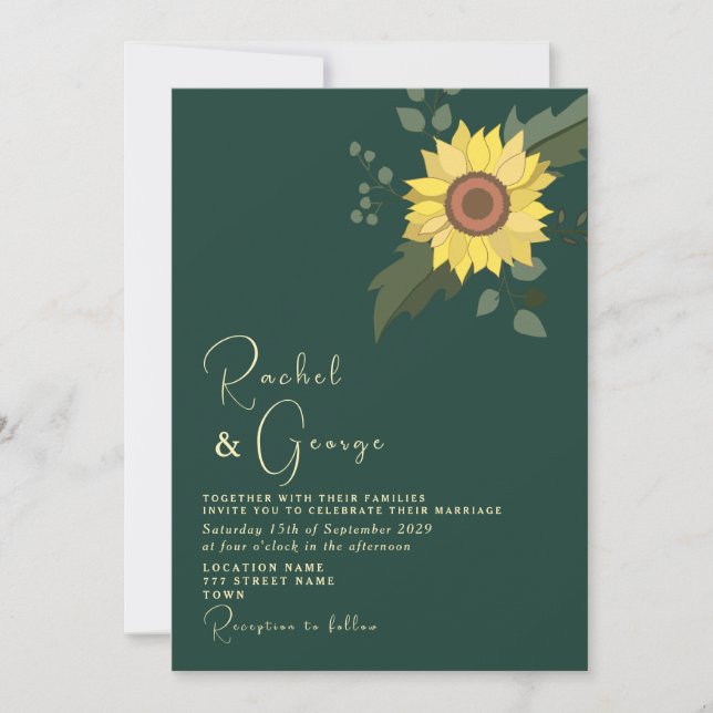 Sunflower Botanical Emerald Green Wedding Invitation (Front)