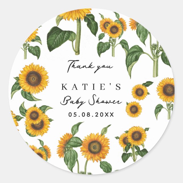 Sunflower Botanical Foliage Baby Shower Favour Classic Round Sticker (Front)