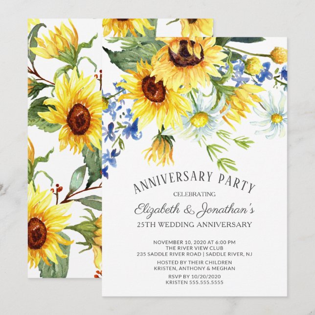 Sunflower Bouquet 25th Anniversary Party Invitation (Front/Back)
