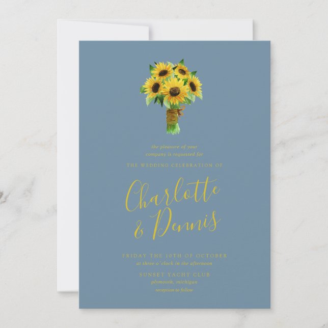 Sunflower bouquet and blush blue wedding invitation (Front)