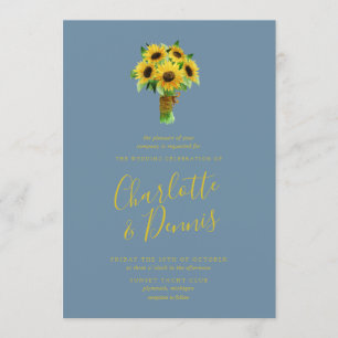 Sunflower bouquet and blush blue wedding invitation