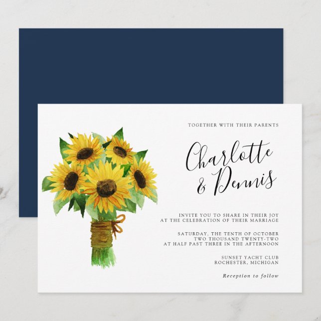 sunflower bouquet and navy blue horizontal wedding invitation (Front/Back)