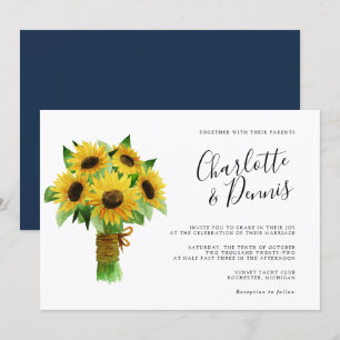 sunflower bouquet and navy blue horizontal wedding invitation