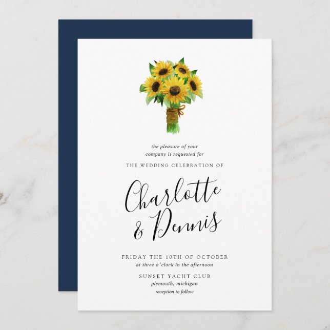 Sunflower bouquet and navy wedding invitation (Front/Back)