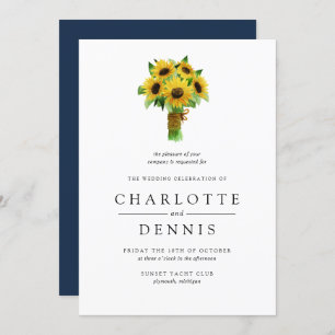 Sunflower bouquet and navy wedding invitation