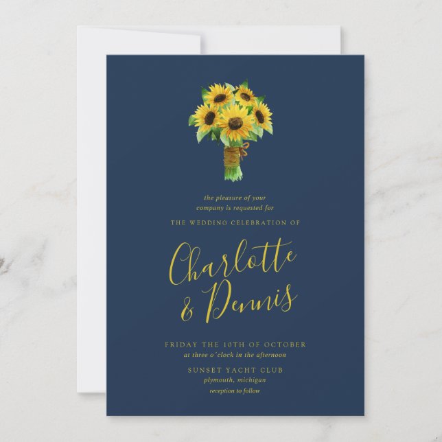 Sunflower bouquet and navy wedding invitation (Front)